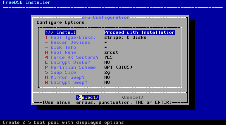 FreeBSD installer ZFS menu